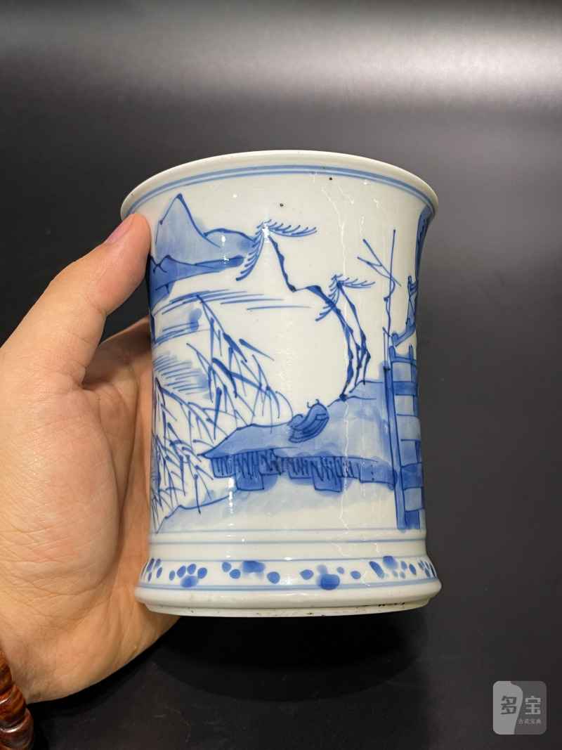 清康熙 青花山水亭阁图笔筒 - 图5